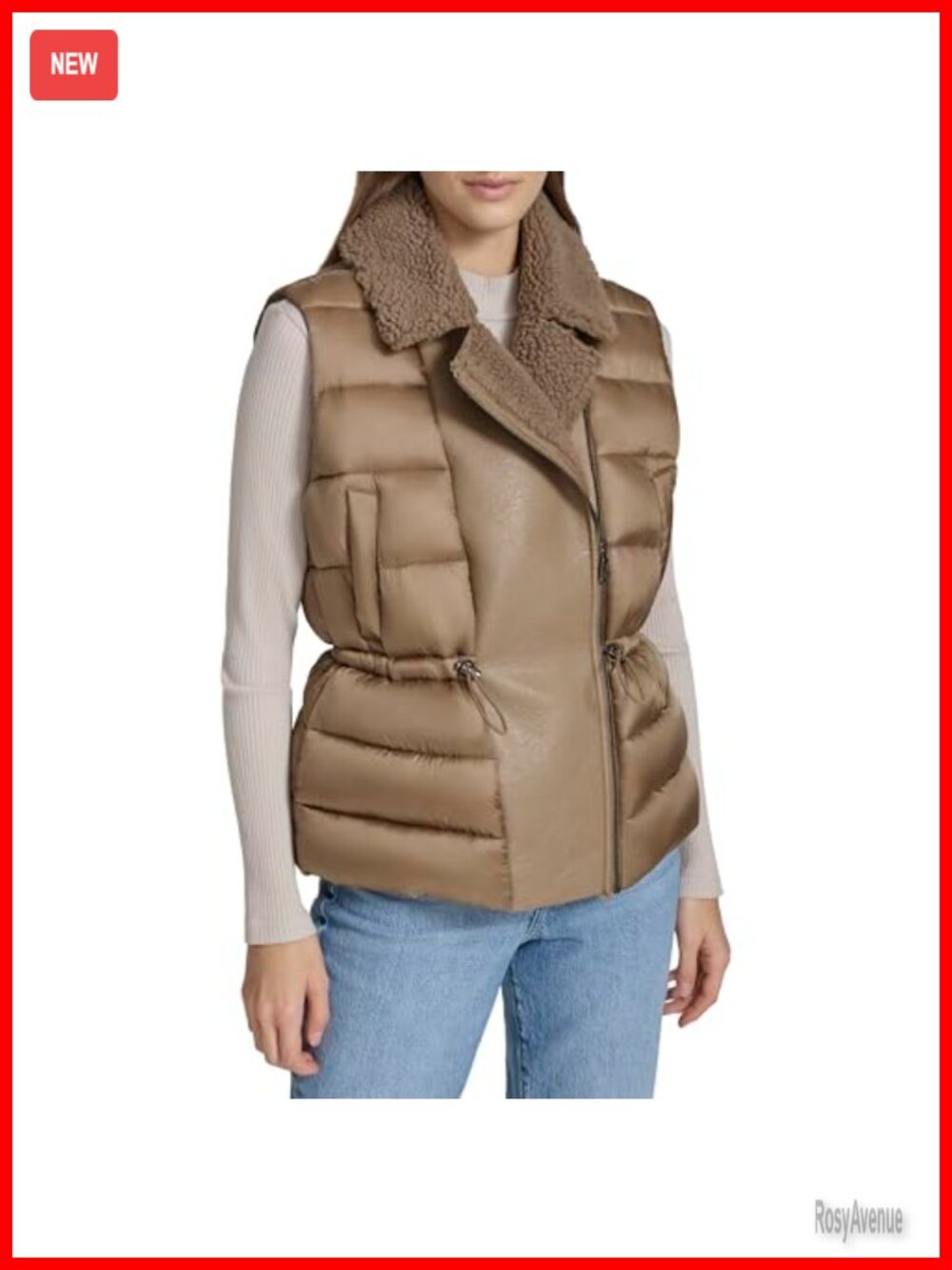 Faux Leather Faux Sherpa Puffer Vest Sleeveless Asymmetrical Zip